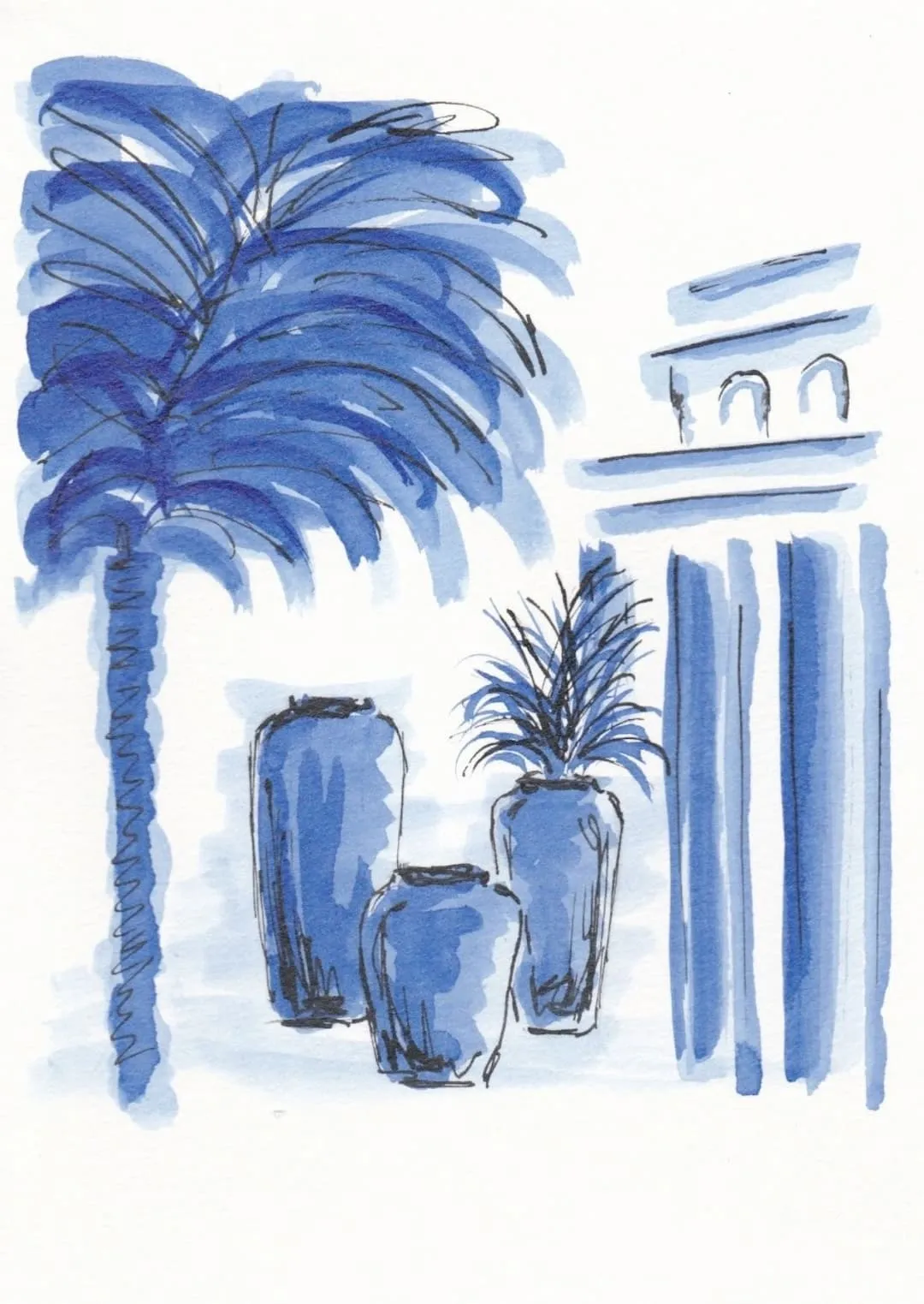 Illustration à l’aquarelle bleue — palmier, jarres et colonnade
